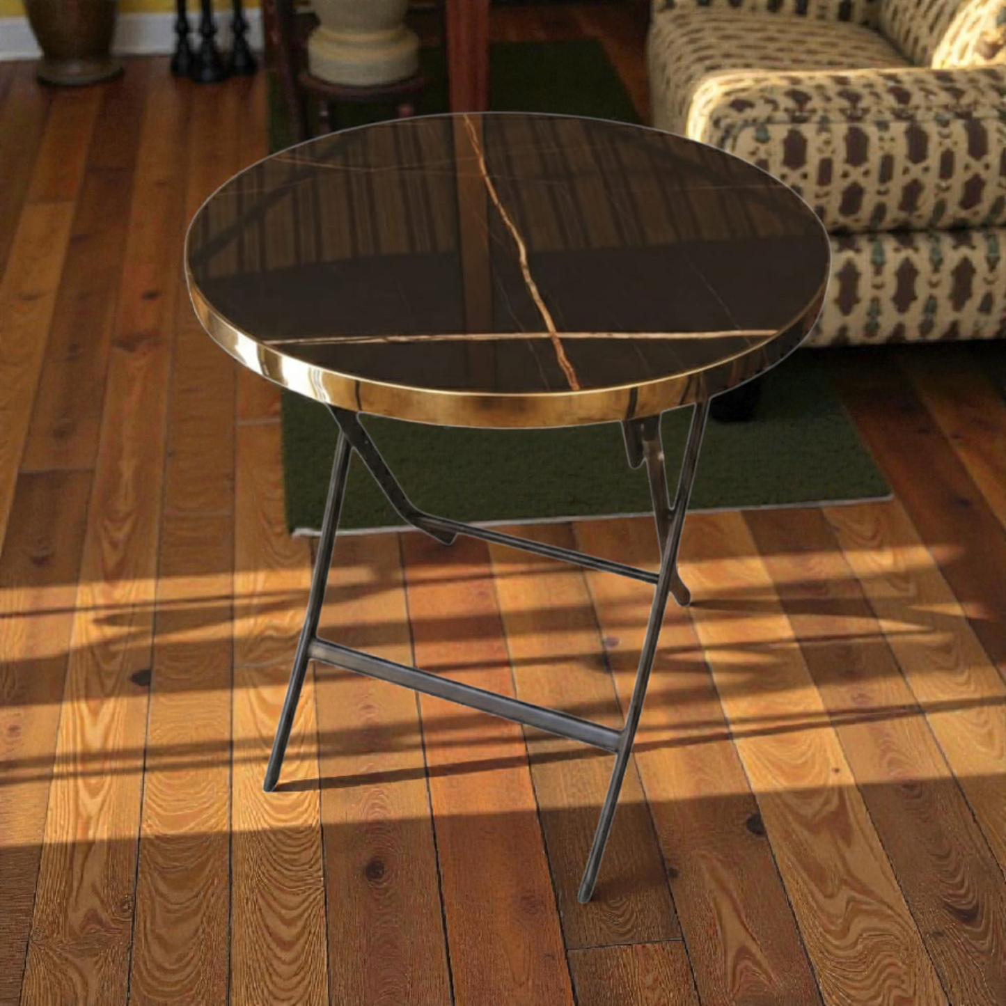 Round Folding Side Table 80 cm – brown Marble Top with Gold Trim