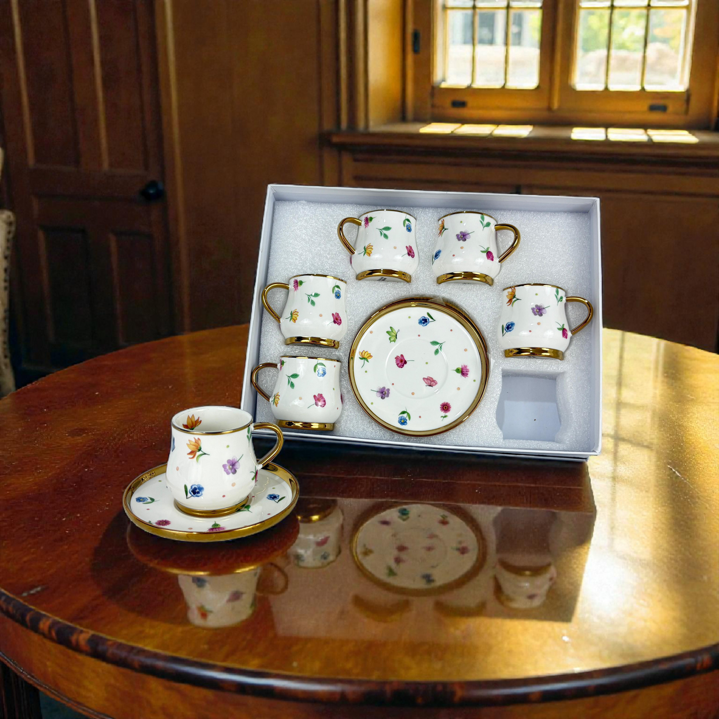 Elegant Floral Coffee Cup & Saucer Set – 12 Porcelain Cups with Gold Handles