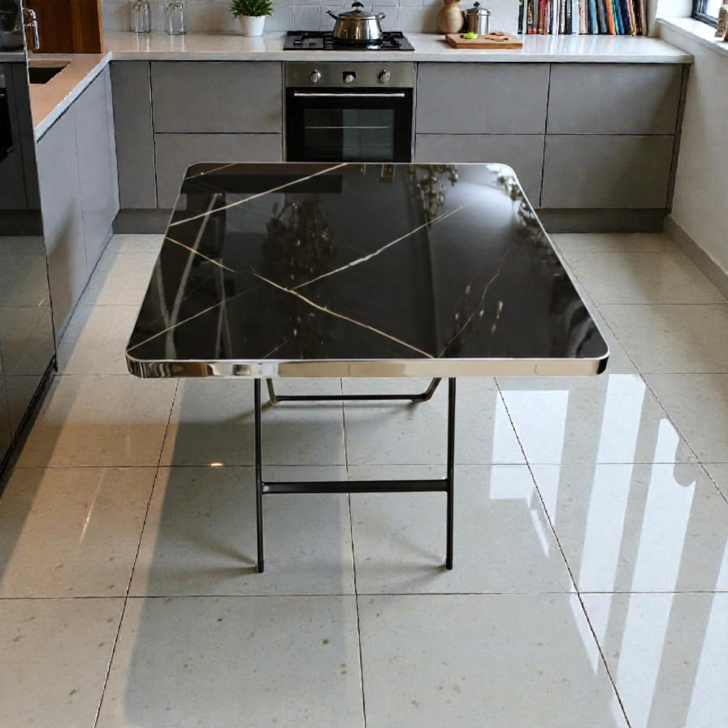 Modern square marble table with black marble top and strong metal base. Ideal coffee or side table for elegant living spaces 60x60x74