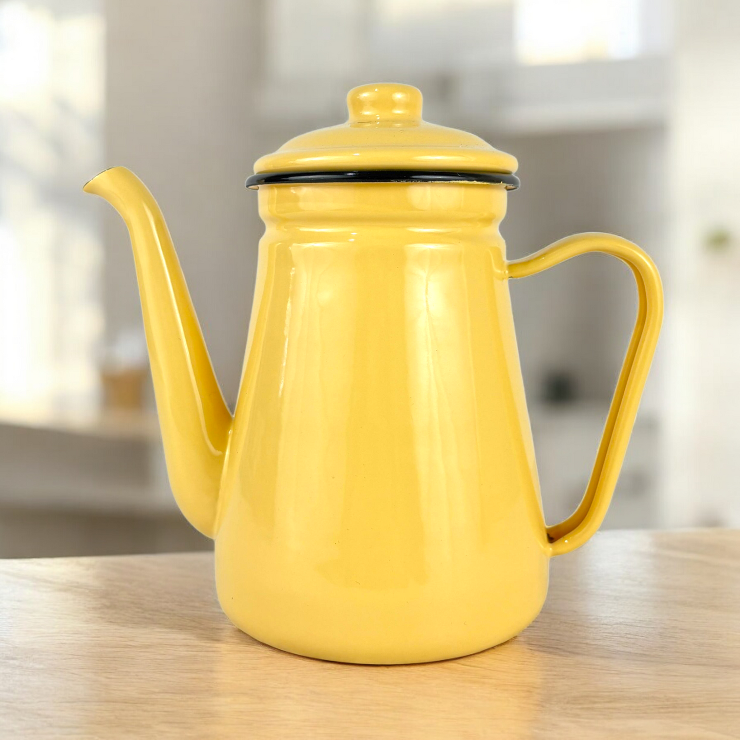 Yellow Enamel Tea & Coffee Pot – Vintage Metal Kettle with Lid & Long Spot