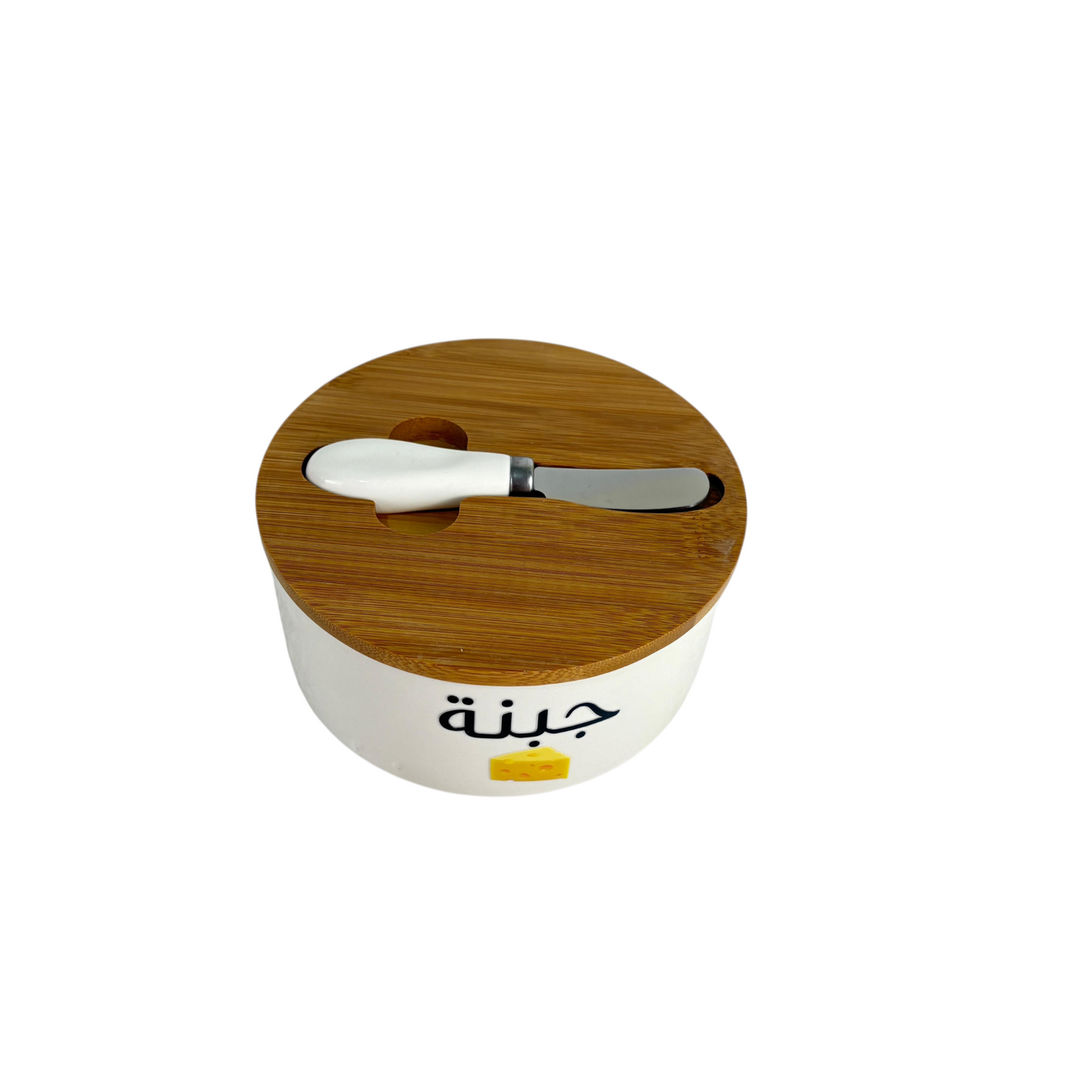 Arabic Labeled Ceramic Storage Jar with Bamboo Lid – Sugar, Sweets & Cheese Kitchen Container