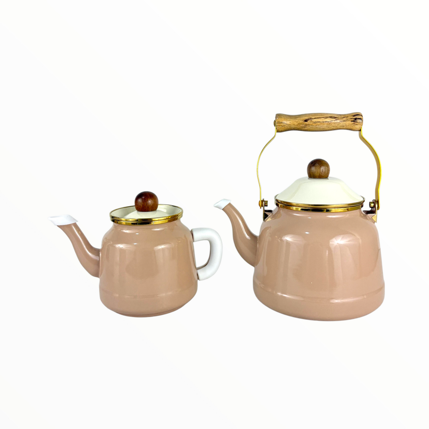 Vintage Enamel Kettle & Teapot Set – Beige with Wooden Handle & Gold Accents