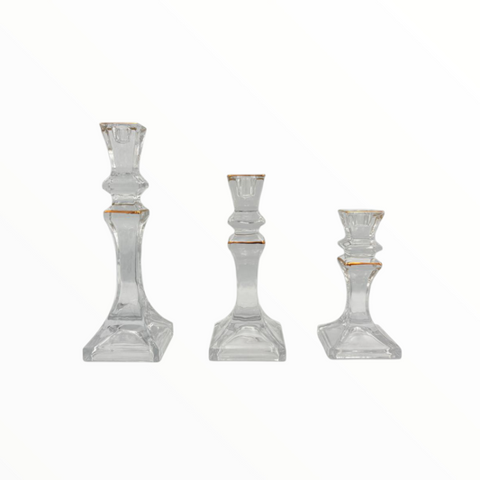Clear Glass Candle Holders with Gold Detail – Decorative Set of 3
