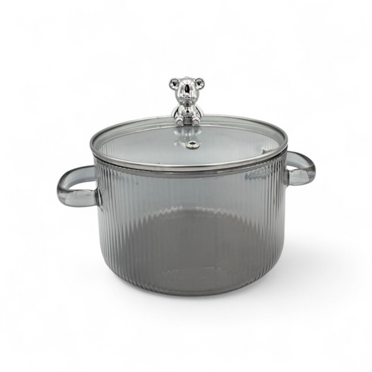 Gray Glass Cooking Pot with Lid – Bear Handle Heat-Resistant Casserole 1800ML
