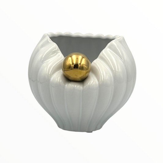 White Ceramic Vase with Gold Accent Ball – Modern Luxury Decorative Vase