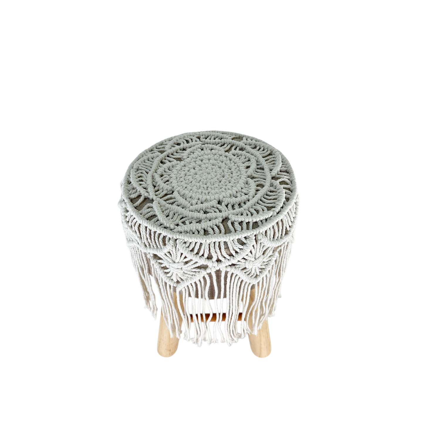 Boho Handmade Macramé Stool with Wooden Legs – Natural Woven Accent Seat