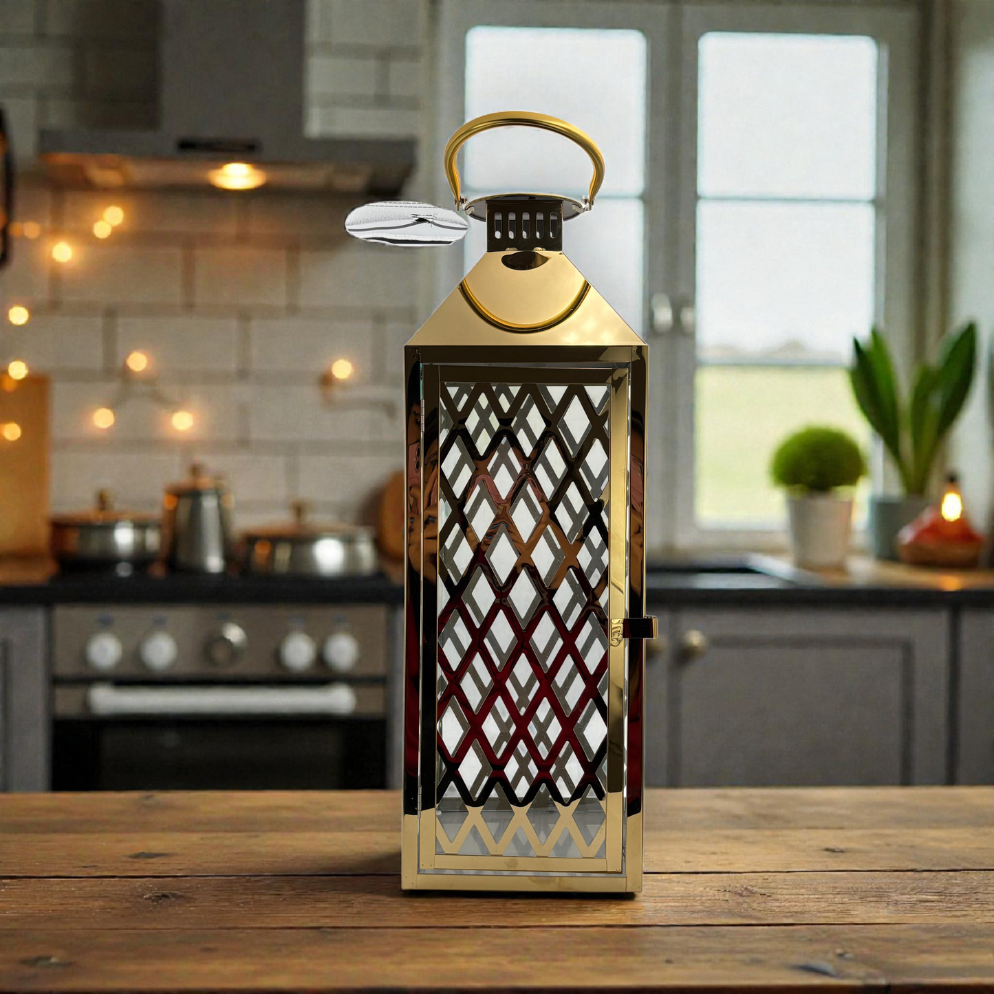 Gold Metal Decorative Lantern with Diamond Pattern – Indoor & Outdoor Candle Holder