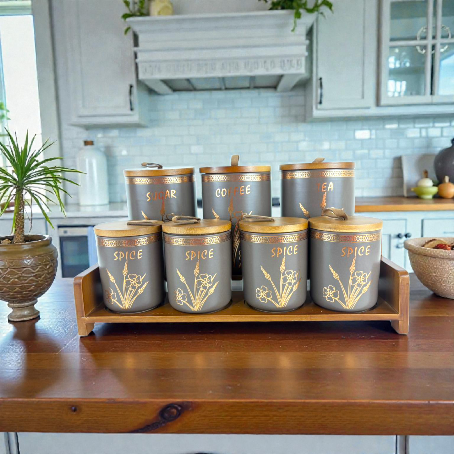 Luxury Ceramic Kitchen Canister Set with Wooden Tray – Sugar, Coffee, Tea & Spice Storage Jars (7-Piece Set)