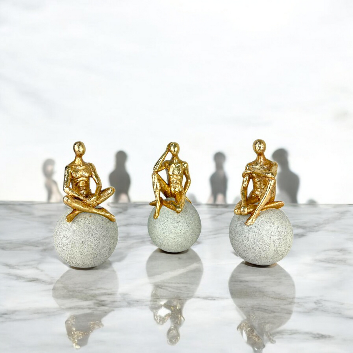 Abstract Thinker Figurines on Stone Spheres – Set of 3 Modern Minimalist Resin Sculptures