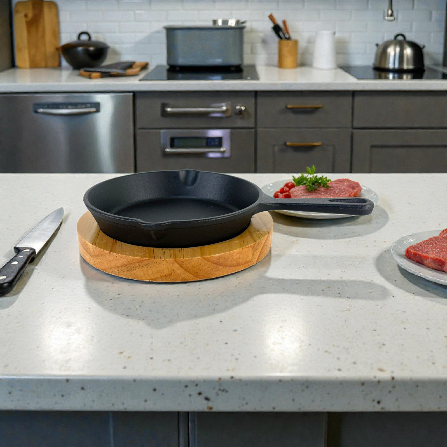 Cast Iron Skillet Pan with Wooden Serving Board – Pre-Seasoned Heavy Duty Frying Pan