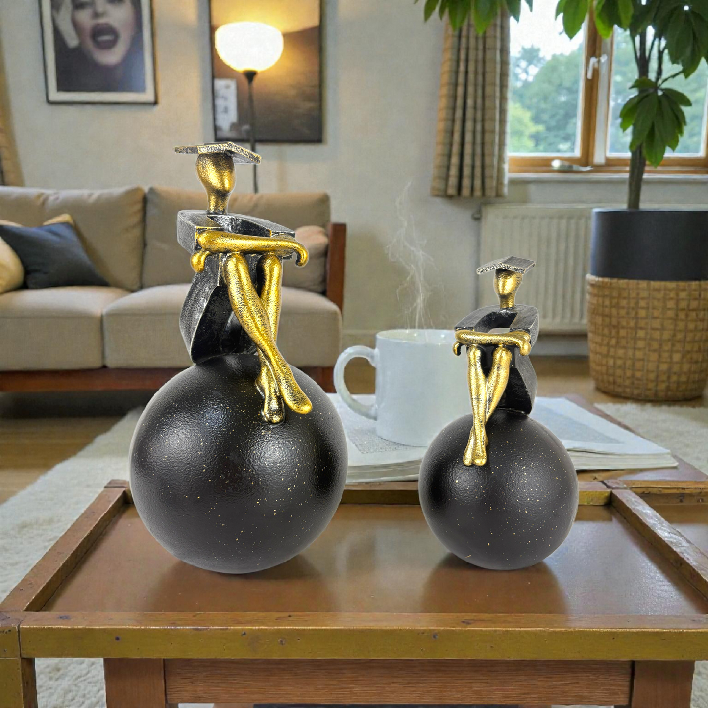 Modern Thinker Figurine Set – Gold & Black Abstract Statues on Spheres (Home & Office Decor)