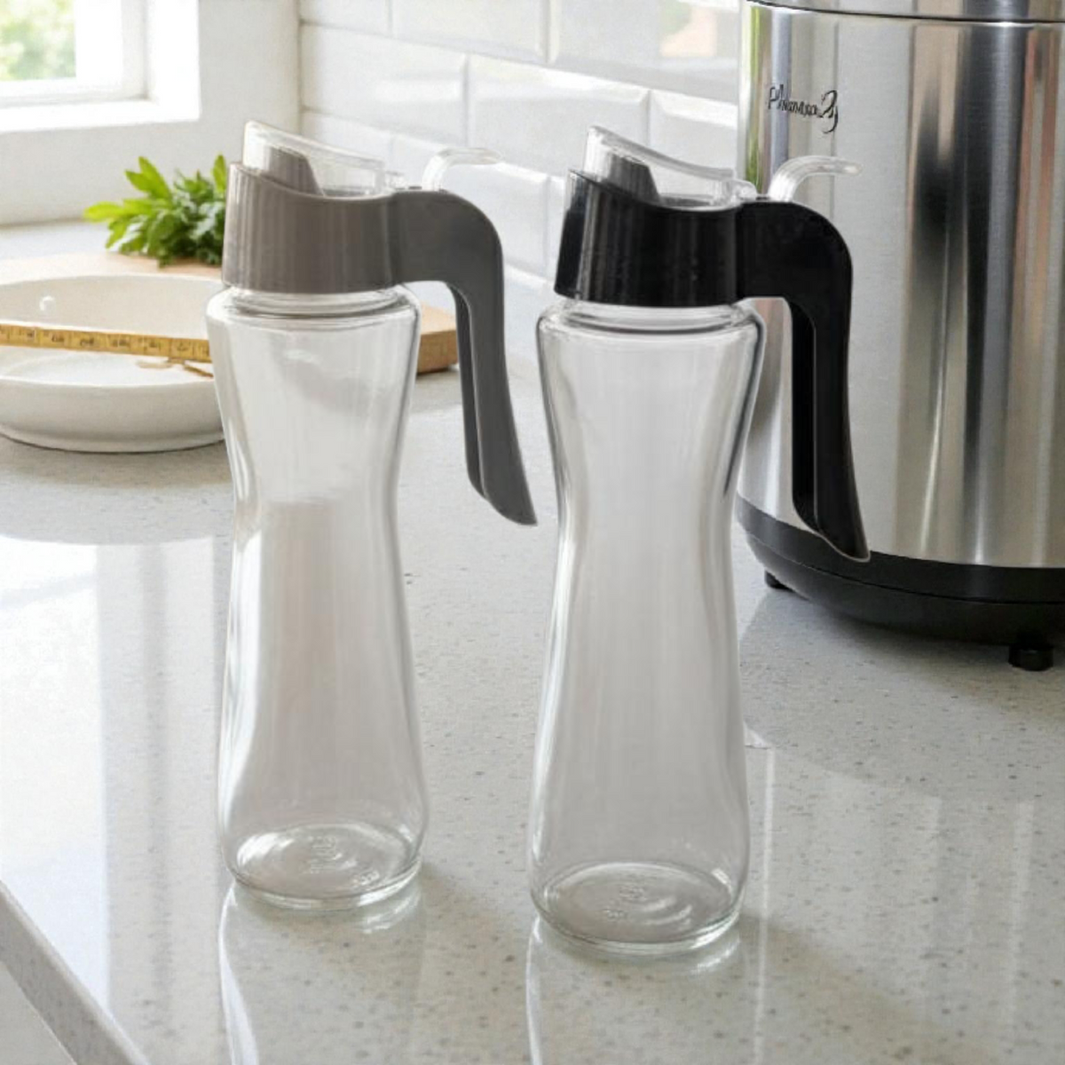 Glass Oil and Vinegar Bottles with Pour Spout – Kitchen Dispenser Set