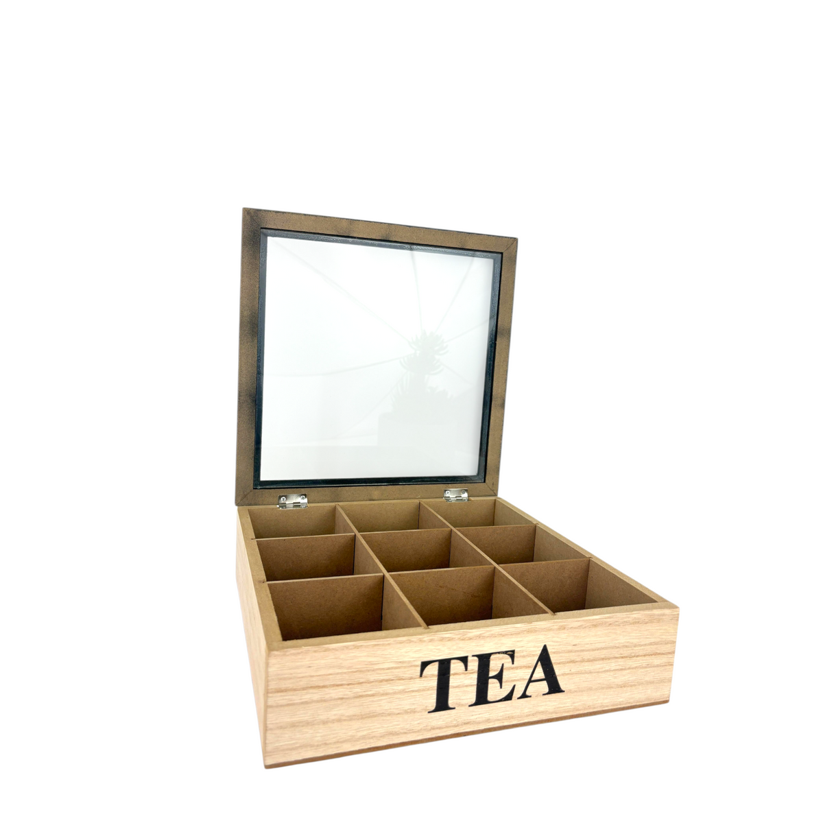 Wooden Organizer Box with 9 Compartments – “tea word design"