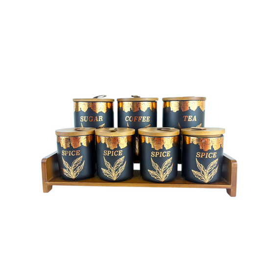 Luxury Ceramic Kitchen Canister Set with Wooden Tray – Sugar, Coffee, Tea & Spice Storage Jars (7-Piece Set)