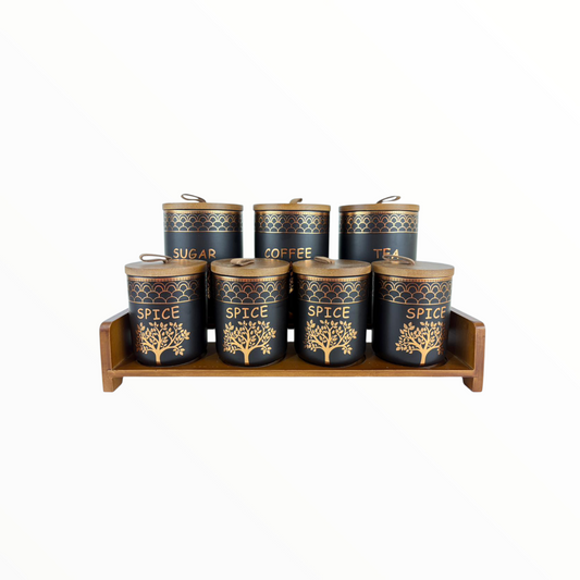 Luxury Ceramic Kitchen Canister Set with Wooden Tray – Sugar, Coffee, Tea & Spice Storage Jars (7-Piece Set)