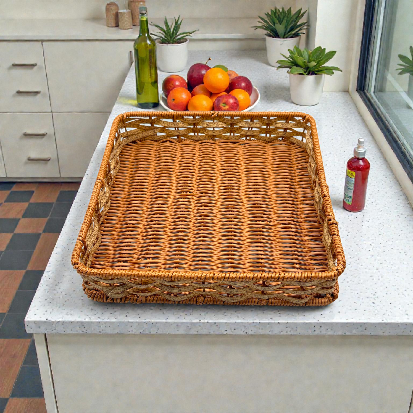 Big Square Wicker Rattan Tray – Handwoven Natural Storage Tray