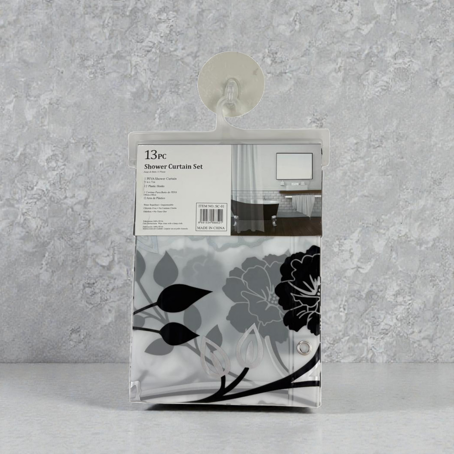 Floral Shower Curtain  – Waterproof Bathroom Curtain with 12 Hooks – Grey & Black Flowers