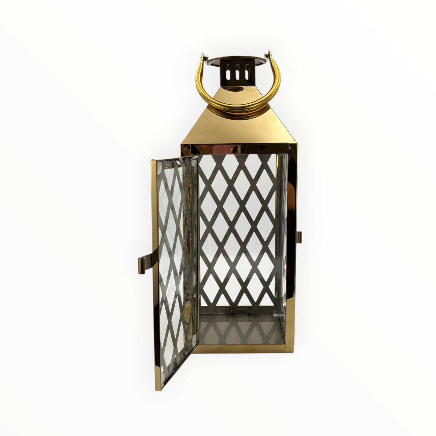 Gold Metal Decorative Lantern with Diamond Pattern – Indoor & Outdoor Candle Holder