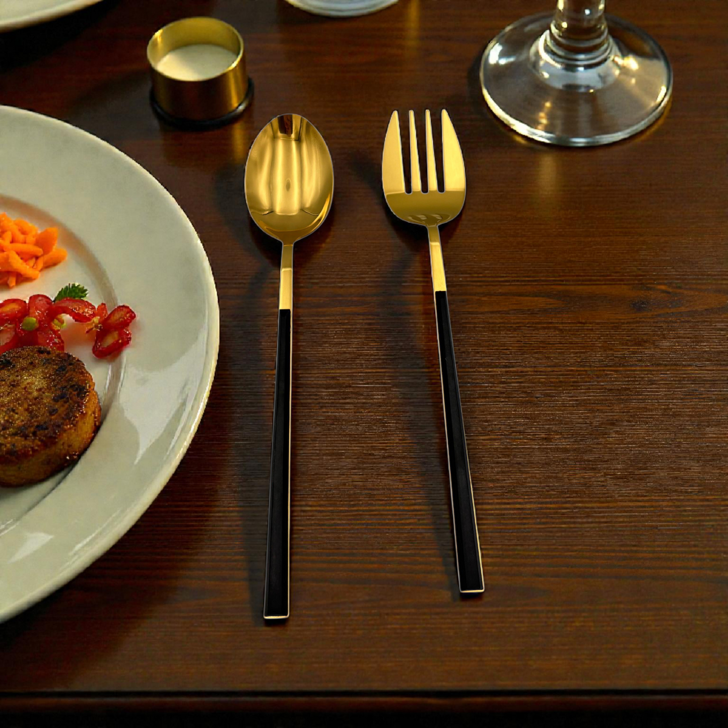 Gold Spoon and Fork Set – Stainless Steel with Black Handle