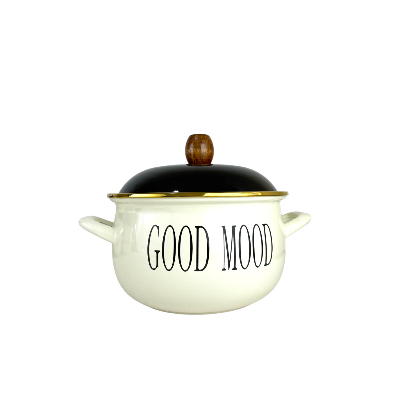 Good food  Enamel Cooking Pot – Cream Soup Pot with Black Lid & Wooden Knob