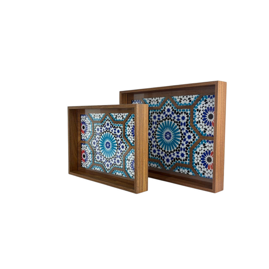 Moroccan Mosaic Wooden Decorative Tray Set – Blue Geometric Tile Pattern (Set of 2)