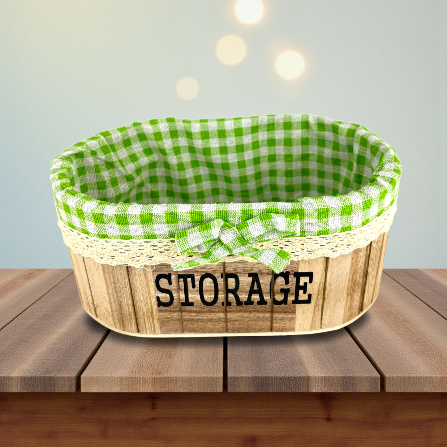 Big Oval Wooden Storage Baskets with Green Gingham Lining – Decorative Organizer Set