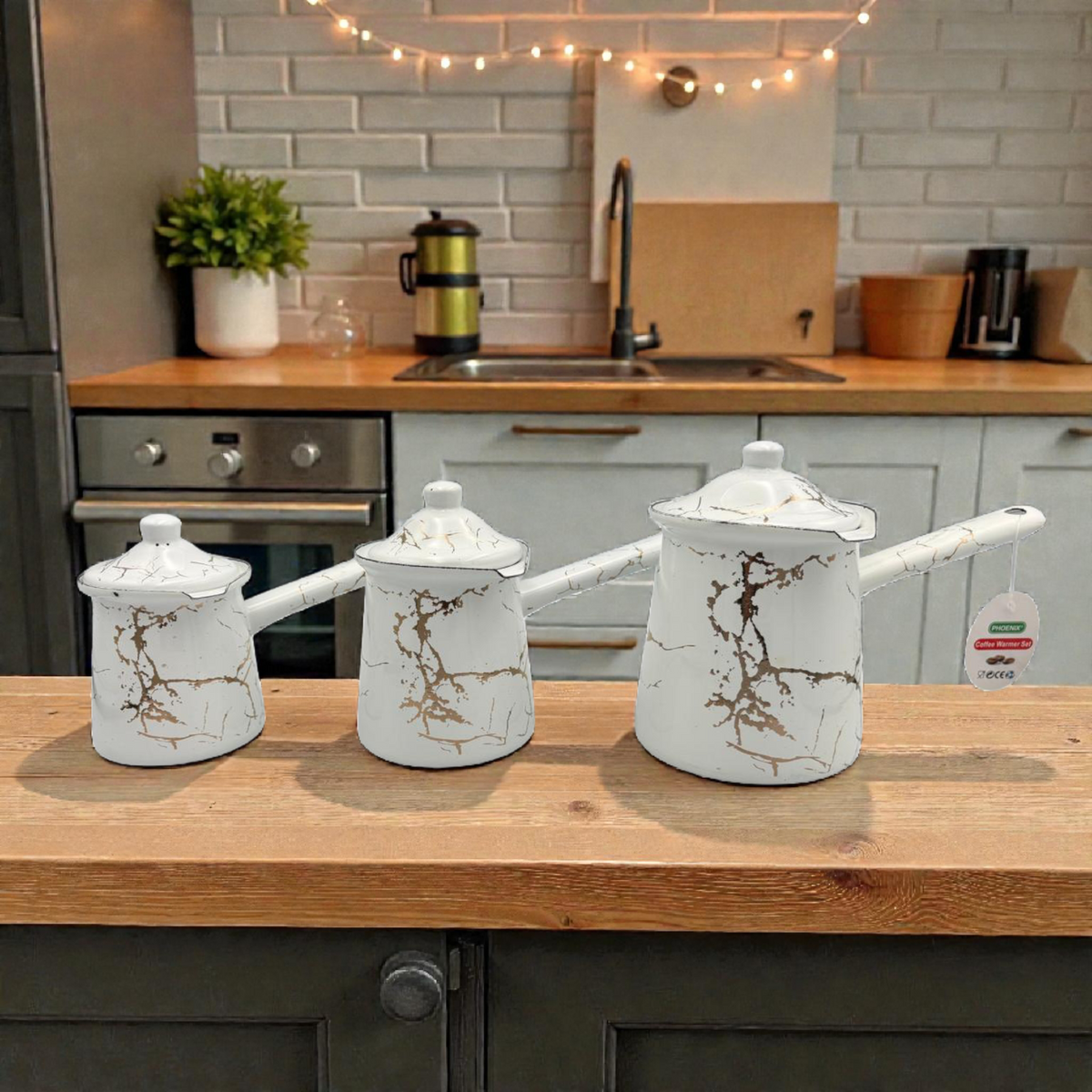 White Marble Enamel Turkish Coffee Pot Set  – 3 Sizes with Lid