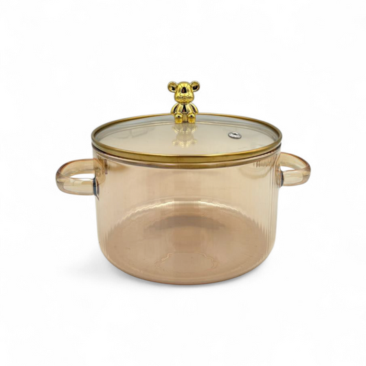 Gold  Glass Cooking Pot with Lid – Bear Handle Heat-Resistant Casserole 1800ML