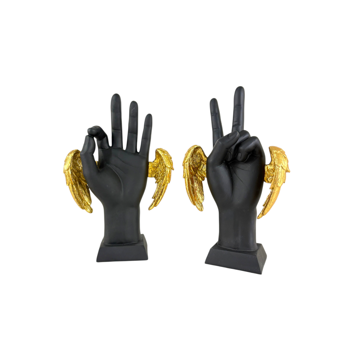 Angel Hand Gesture Sculptures – Black & Gold Decorative Hand Figurine Set with Golden Wings (Set of 2)