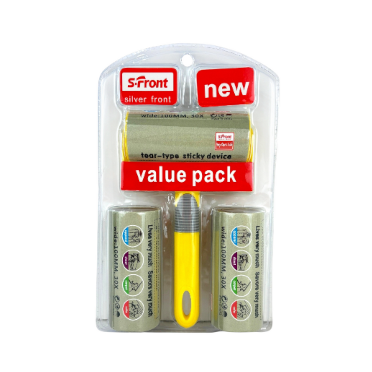 Silver Front Lint Roller Value Pack – Tear-Type Sticky Device with 3 Refill Rolls