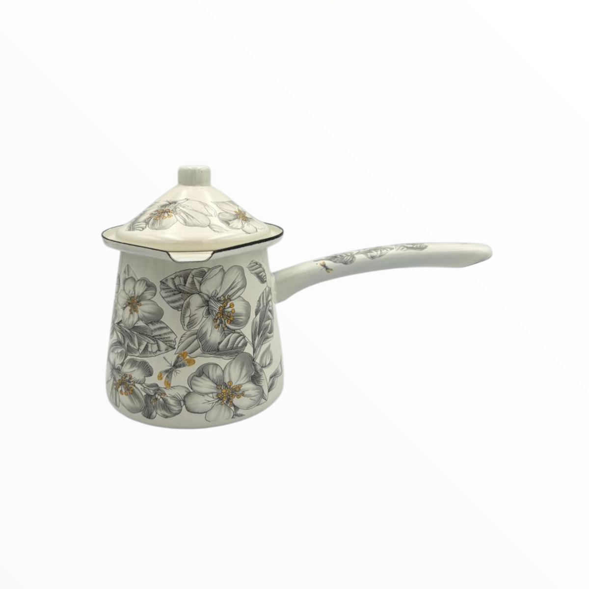 Grey Floral Enamel Turkish Coffee Pot Set – 3 Sizes with Lid