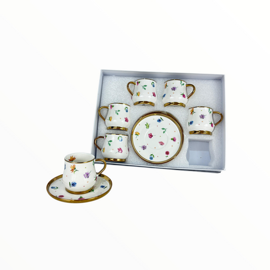 Elegant Floral Coffee Cup & Saucer Set – 12 Porcelain Cups with Gold Handles