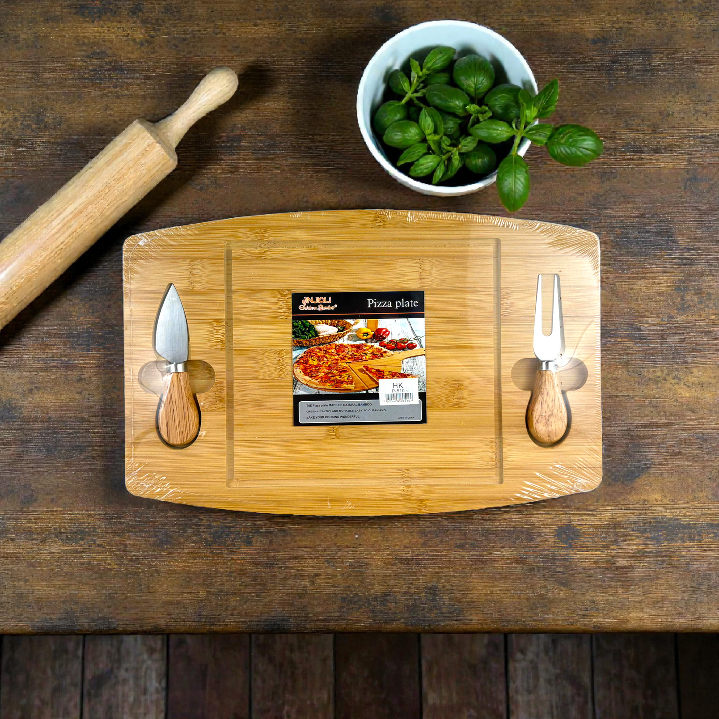 Bamboo Pizza Serving Board with Cheese Knife & Fork – Wooden Pizza Plate