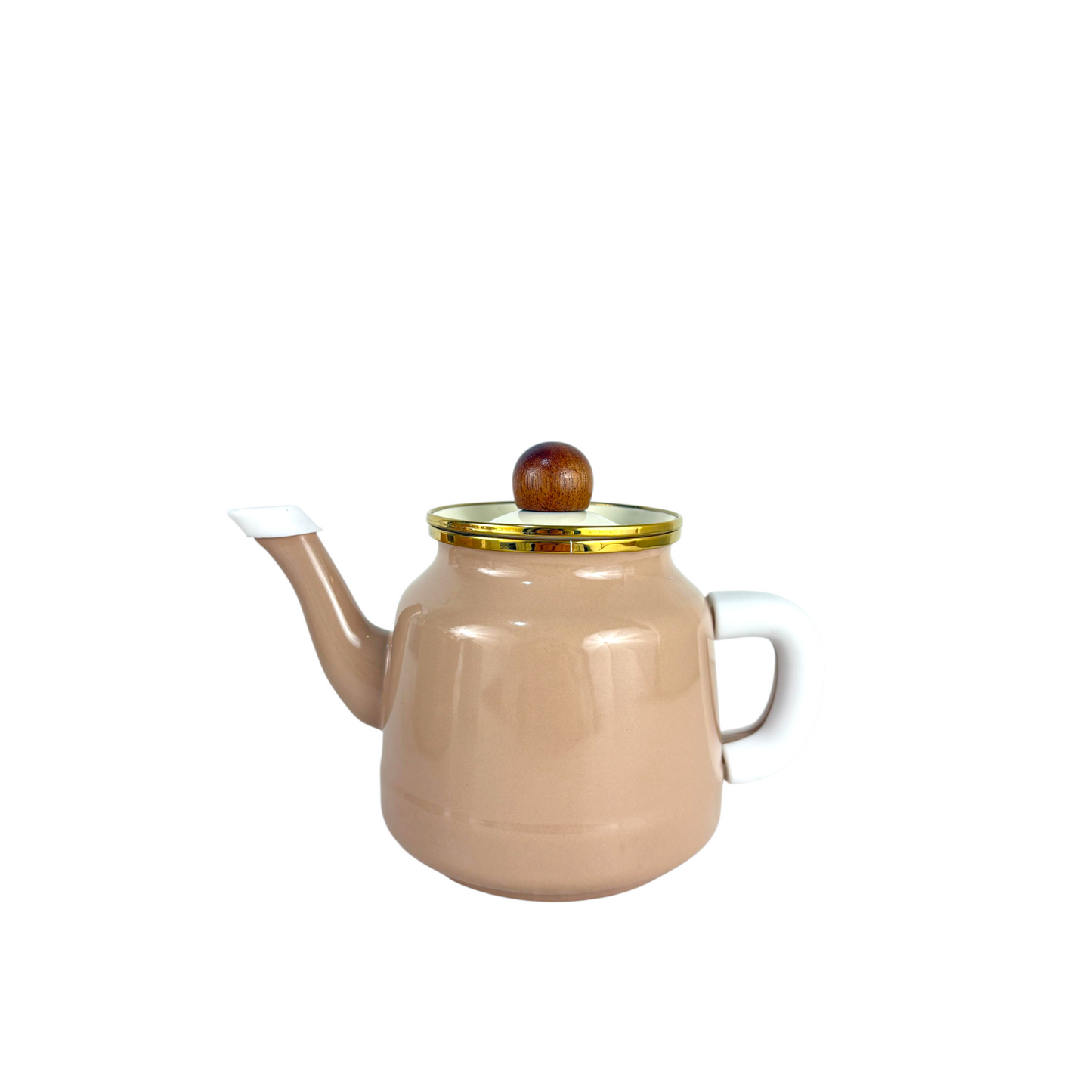 Vintage Enamel Kettle & Teapot Set – Beige with Wooden Handle & Gold Accents