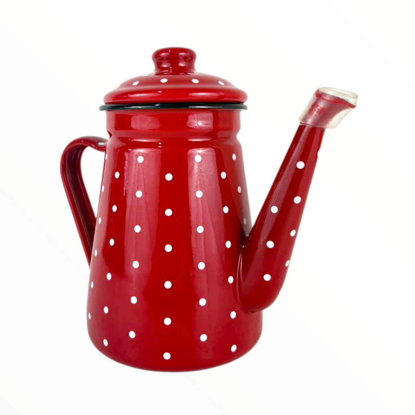 Red Enamel Polka Dot Tea & Coffee Pot – Vintage Metal Kettle with Lid