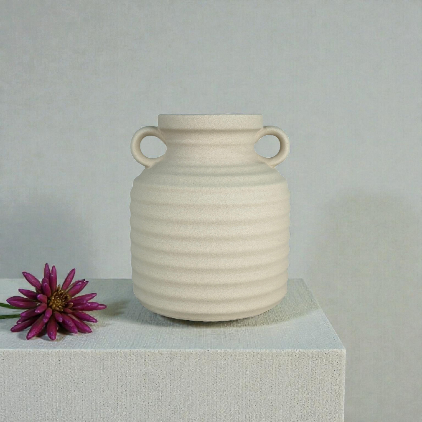 Ribbed Ceramic Vase with Handles – Modern Minimalist Decorative Vase