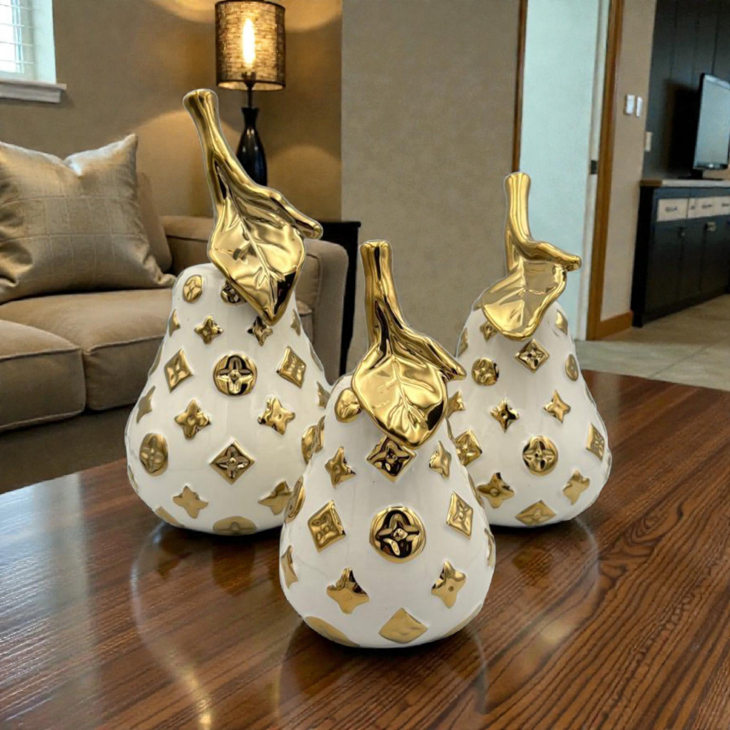 White & Gold Decorative Pear Figurines – Luxury Home Décor Set of 3