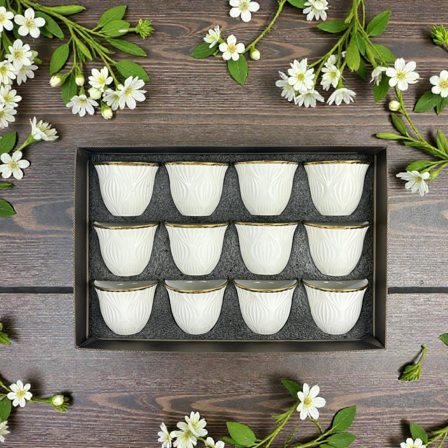 12-Piece Premium Arabic Coffee Cups – white Embossed Finjan Set with Gold  (Ceramic)
