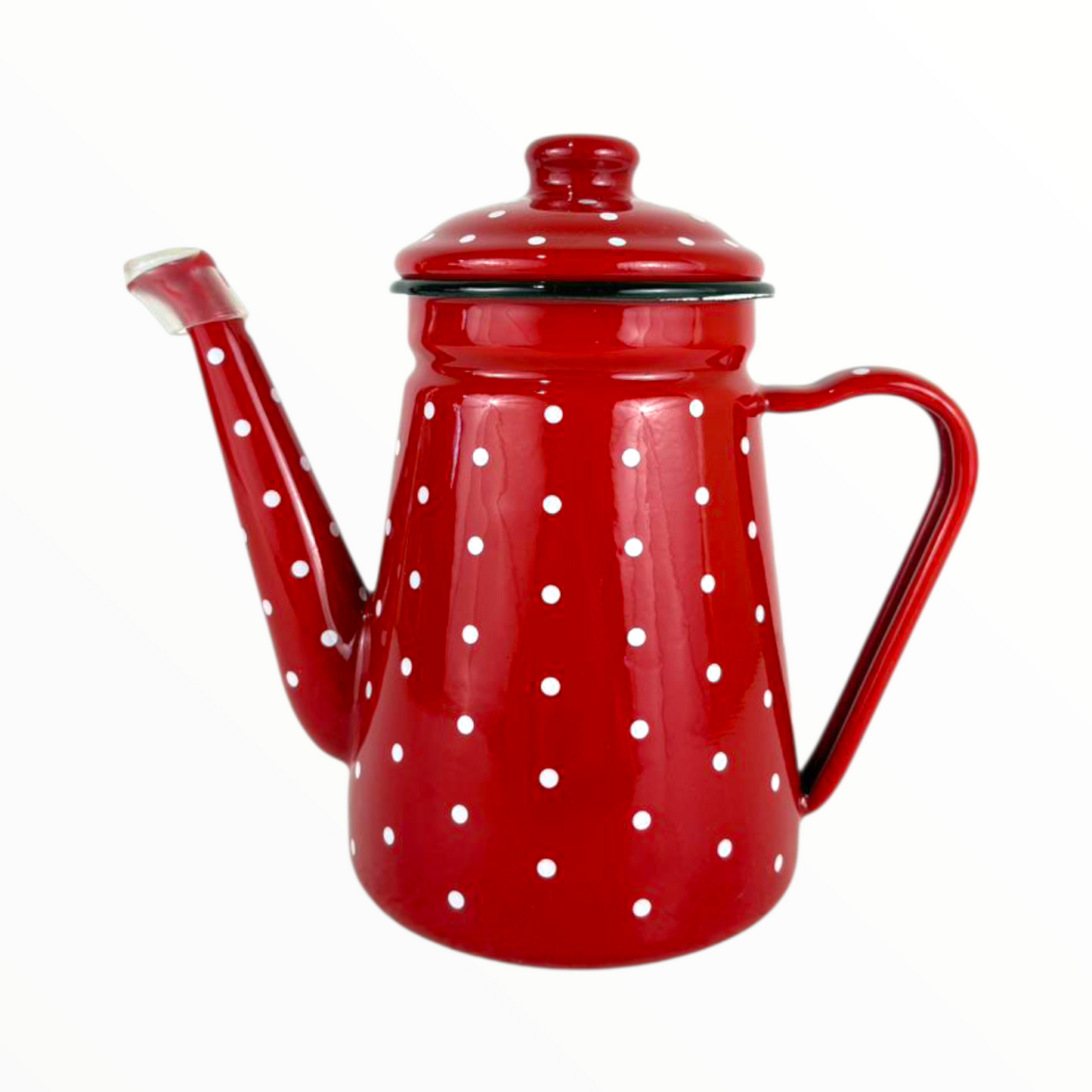 Red Enamel Polka Dot Tea & Coffee Pot – Vintage Metal Kettle with Lid