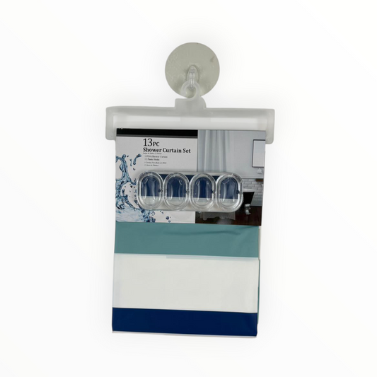 Blue & White Striped Shower Curtain  – Waterproof Curtain with 12 Hooks