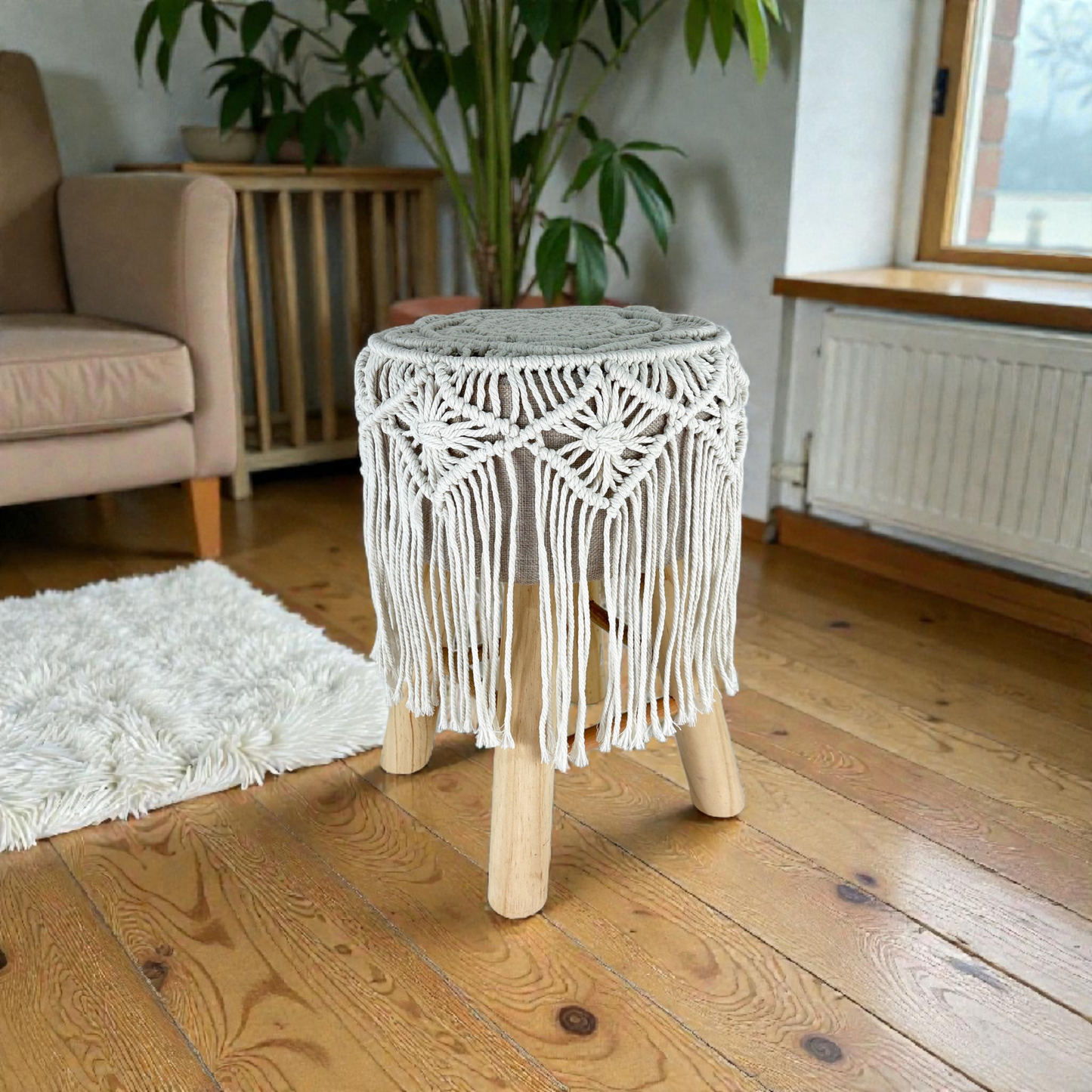 Boho Handmade Macramé Stool with Wooden Legs – Natural Woven Accent Seat