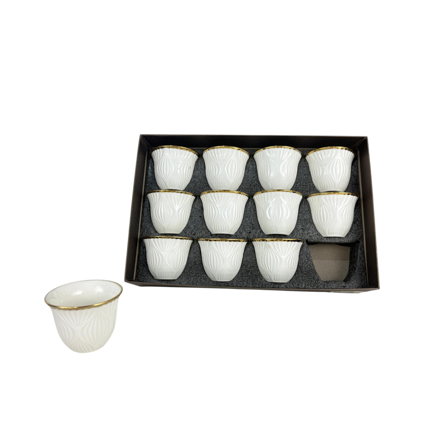 12-Piece Premium Arabic Coffee Cups – white Embossed Finjan Set with Gold  (Ceramic)