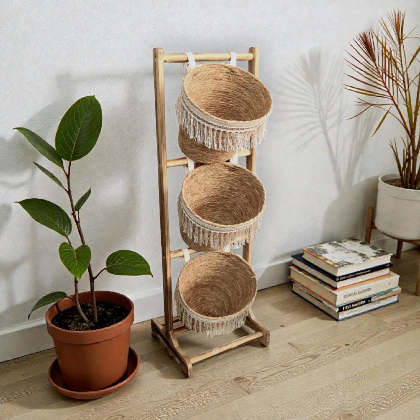 3-Tier Woven Basket Stand – Natural Storage Organizer Rack