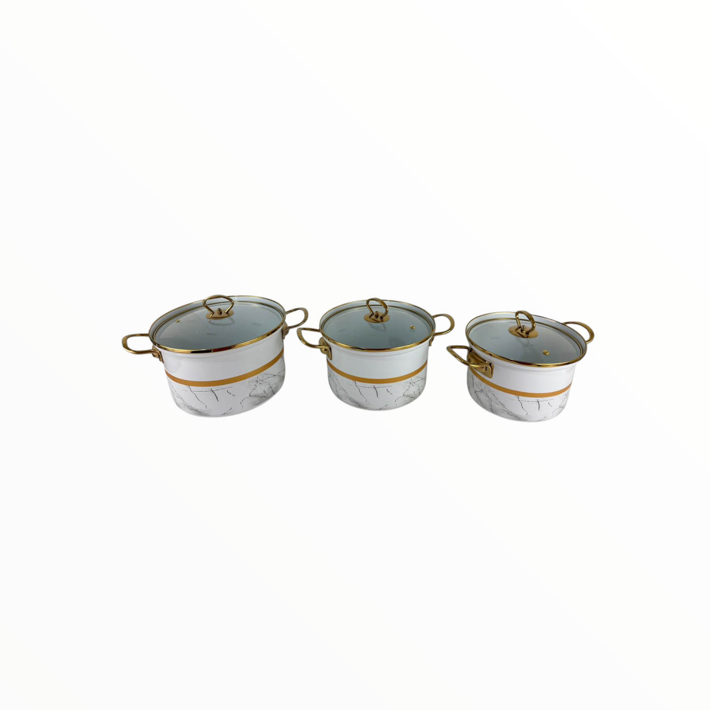 Tutia Luxury Marble-Design Cooking Pot Set with Glass Lids – 3-Piece Non-Stick Cookware Set (Gold Handles)