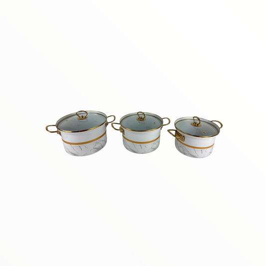 Tutia Luxury Marble-Design Cooking Pot Set with Glass Lids – 3-Piece Non-Stick Cookware Set (Gold Handles)