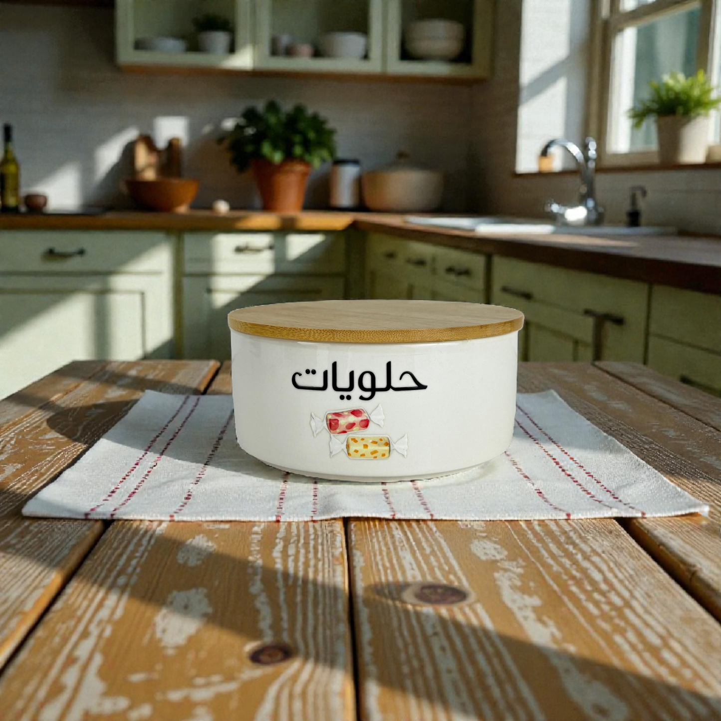 Arabic Labeled Ceramic Storage Jar with Bamboo Lid – Sugar, Sweets & Cheese Kitchen Container