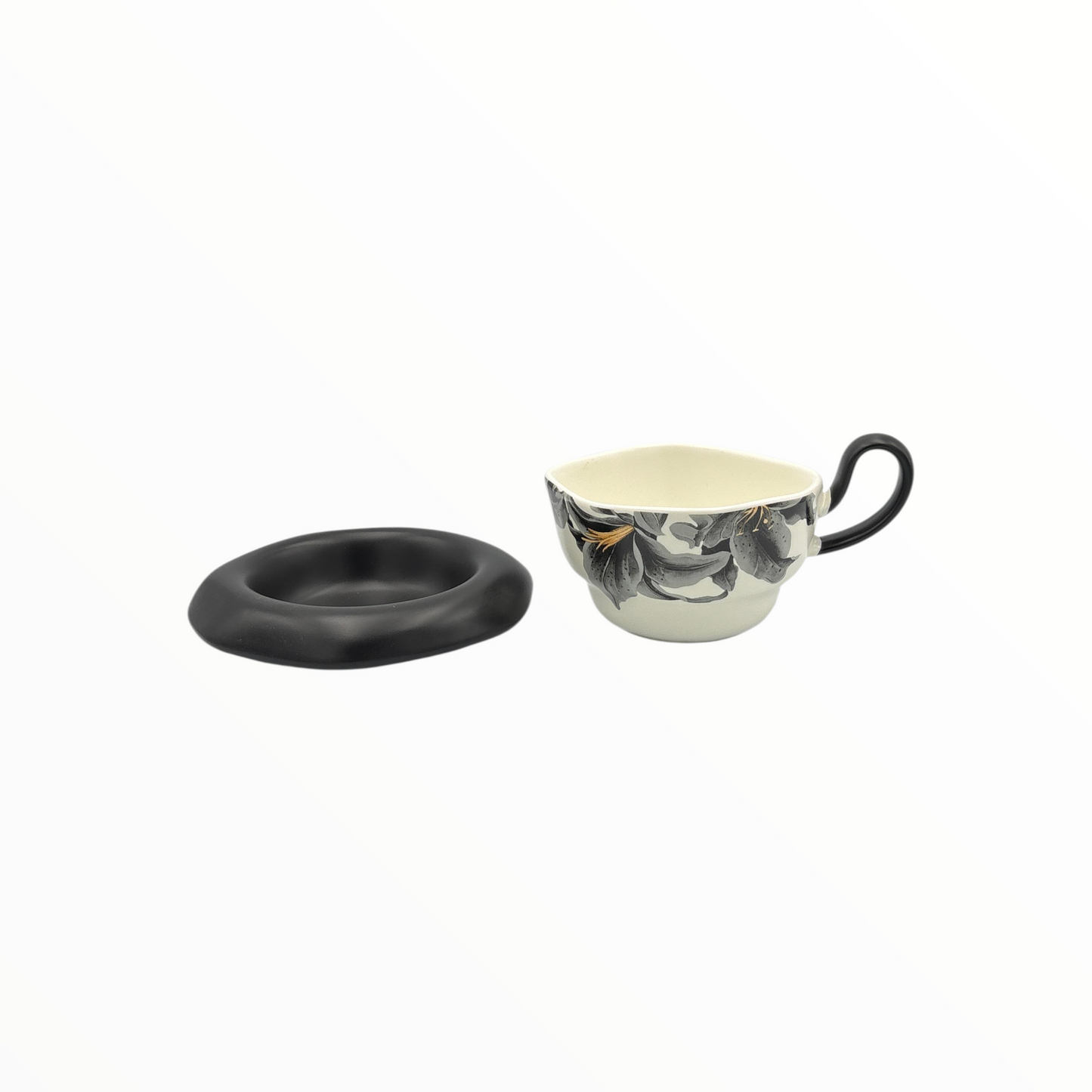 Ceramic Cup and Saucer – Black Floral Coffee Cup Set 270ml