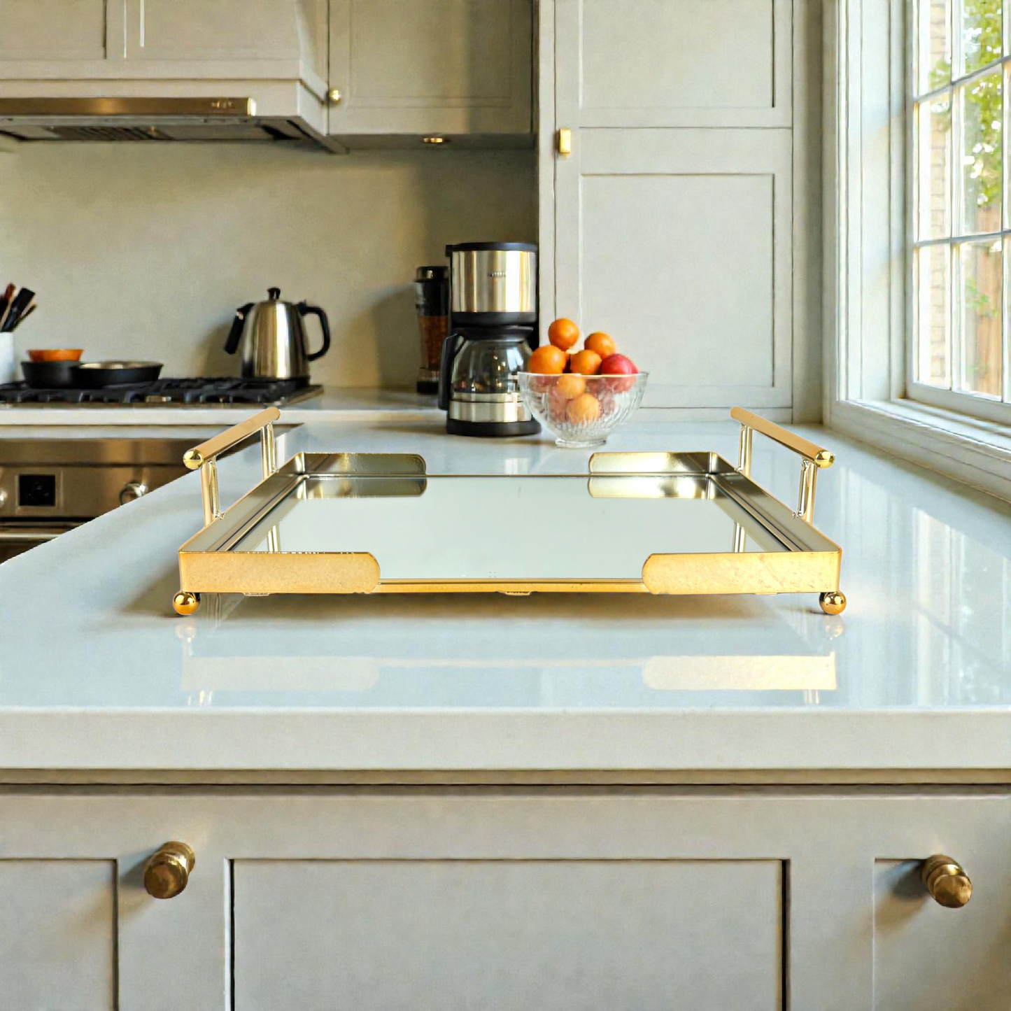 Luxury Gold Mirrored Serving Tray with Handles – Decorative Vanity Tray for Coffee Table & Home Décor