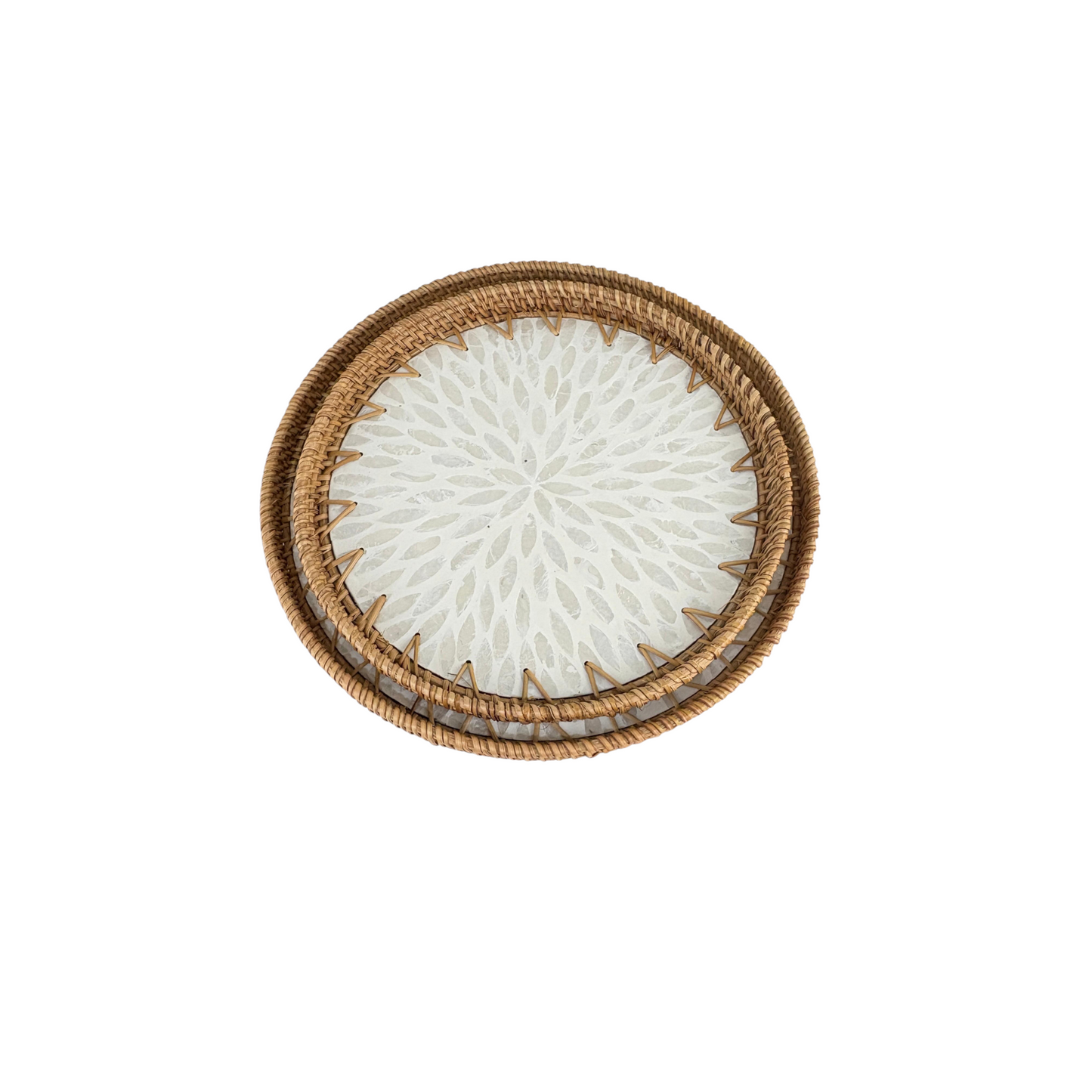 Round white Floral Mosaic Woven Tray Set – Handcrafted Boho Serving & Decorative Trays (Set of 2)