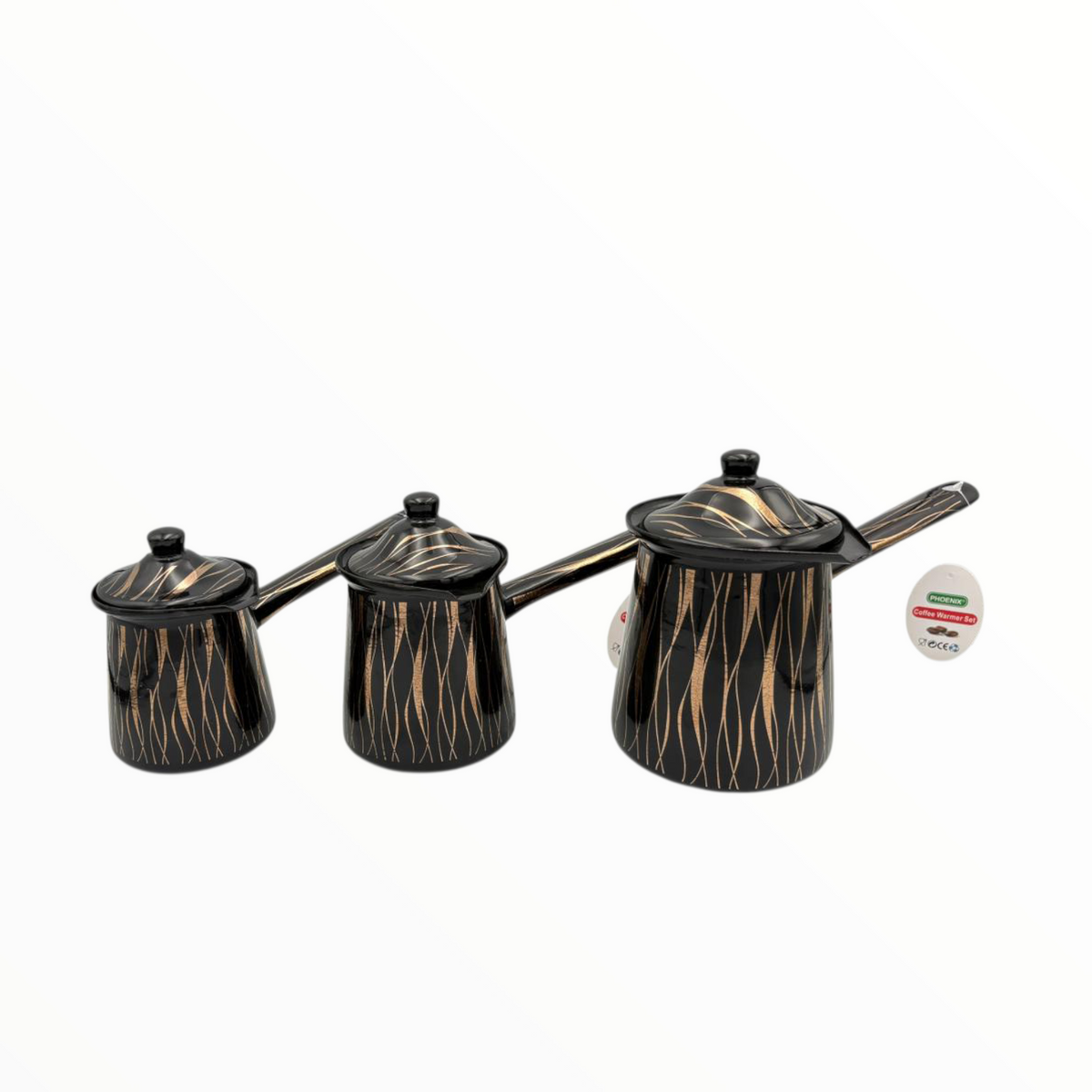 Black & Gold Enamel Turkish Coffee Pot Set  – 3 Sizes with Lid
